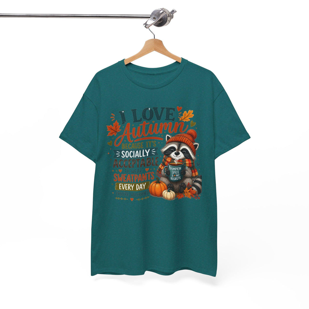 I Love Autumn Raccoon Tee | Fall Leaves, Pumpkin, Humorous autumn saying