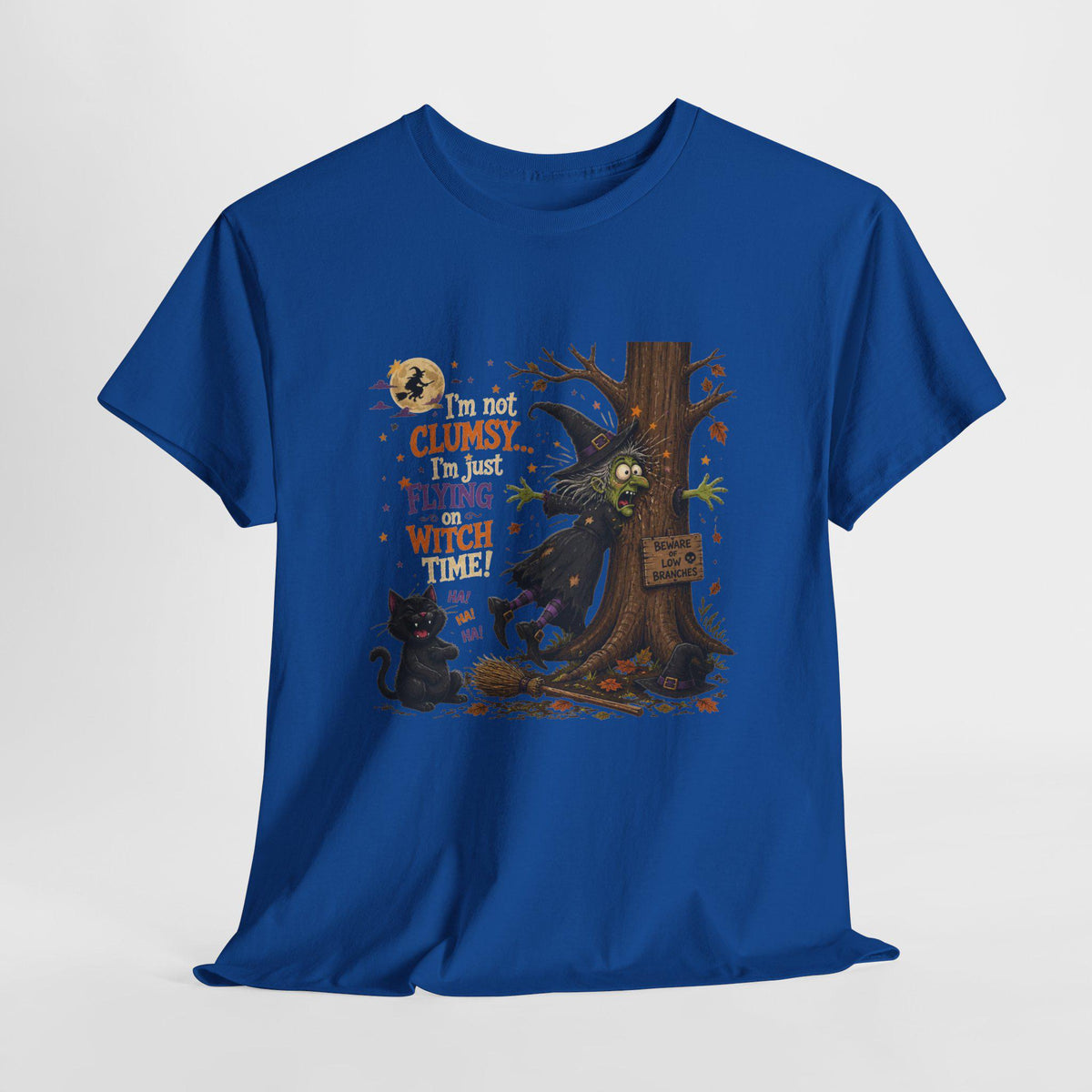 Clumsy Flying Witch T-Shirt | Halloween Cat Tree Illustration (100% Cotton)
