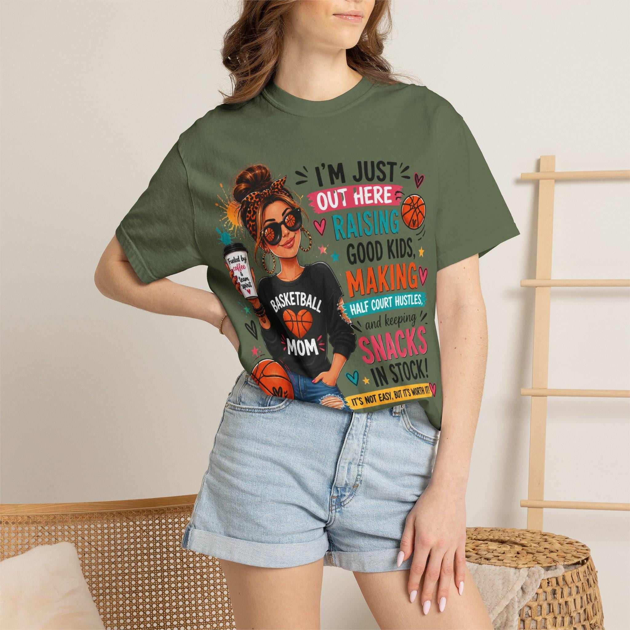 Basketball Mom Graphic Tee, Garment-Dyed Cotton, Relaxed Fit