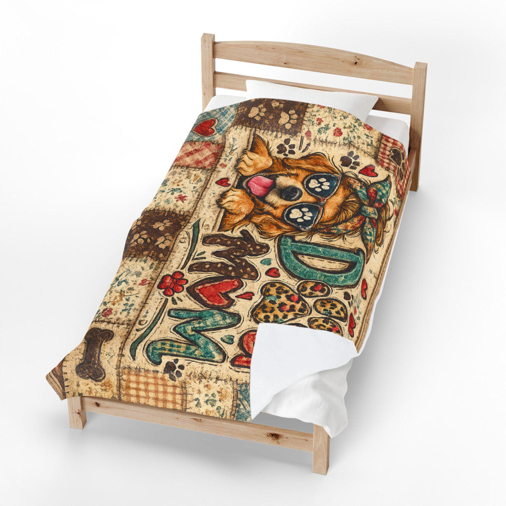 Dog Mom Patchwork Velveteen Blanket | Puppy Paw Heart Throw