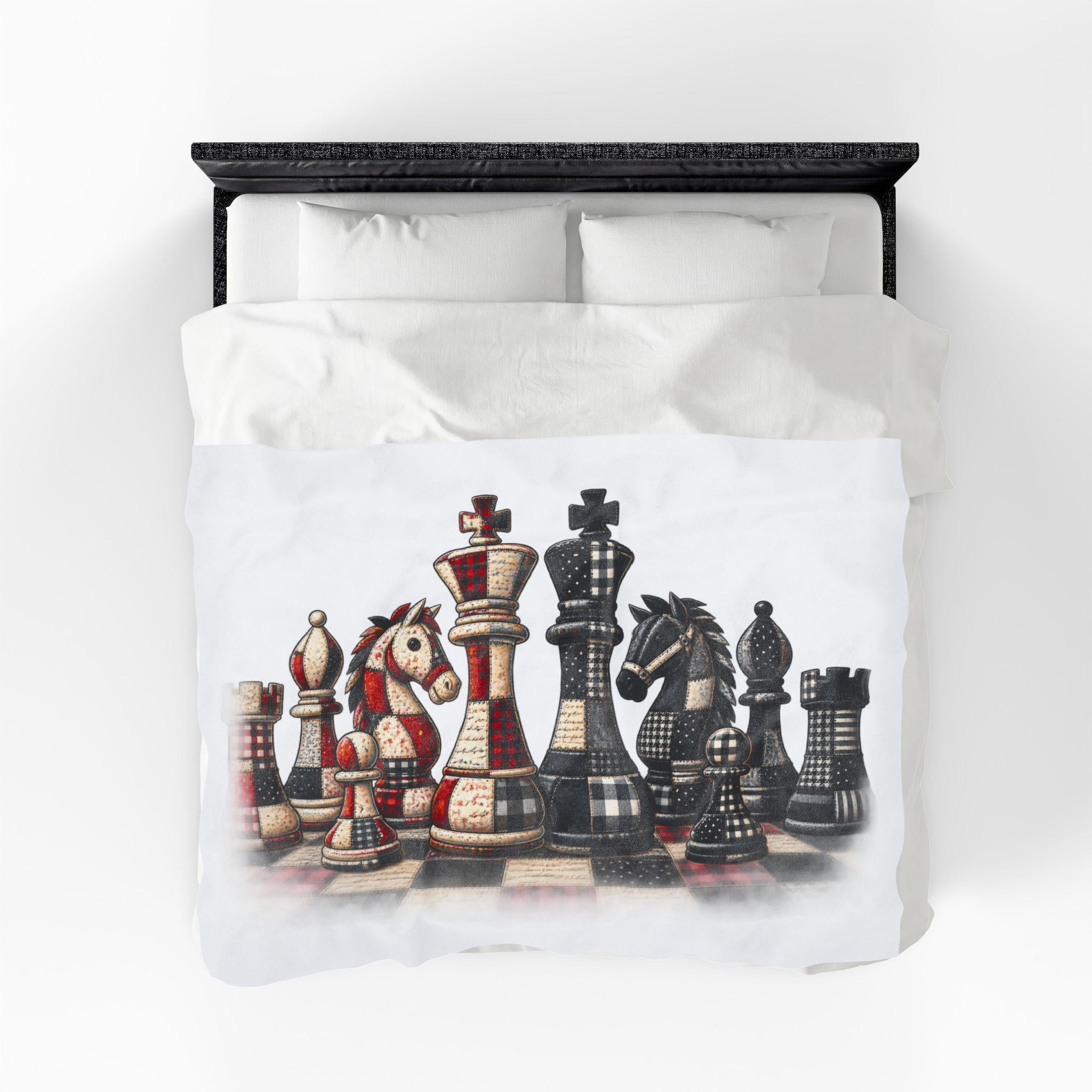 Chess Piece Plush Blanket | Black Red King Queen Pawns, Faux patchwork chess board throw