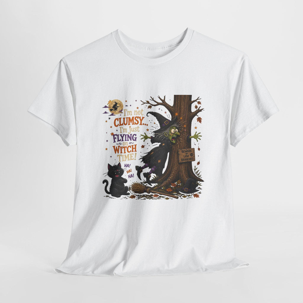 Clumsy Flying Witch T-Shirt | Halloween Cat Tree Illustration (100% Cotton)