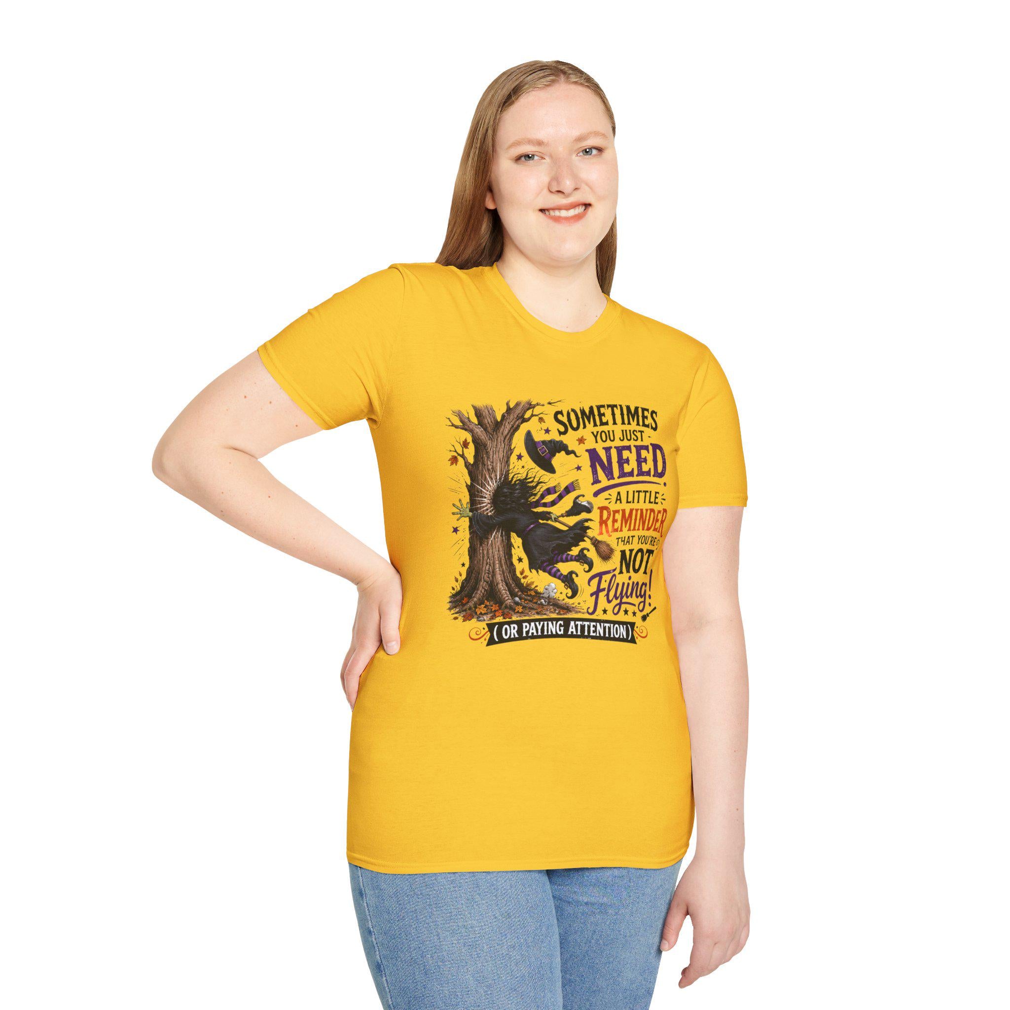 Halloween Witch T-Shirt | Whimsical Witch Hits Tree Graphic Tee