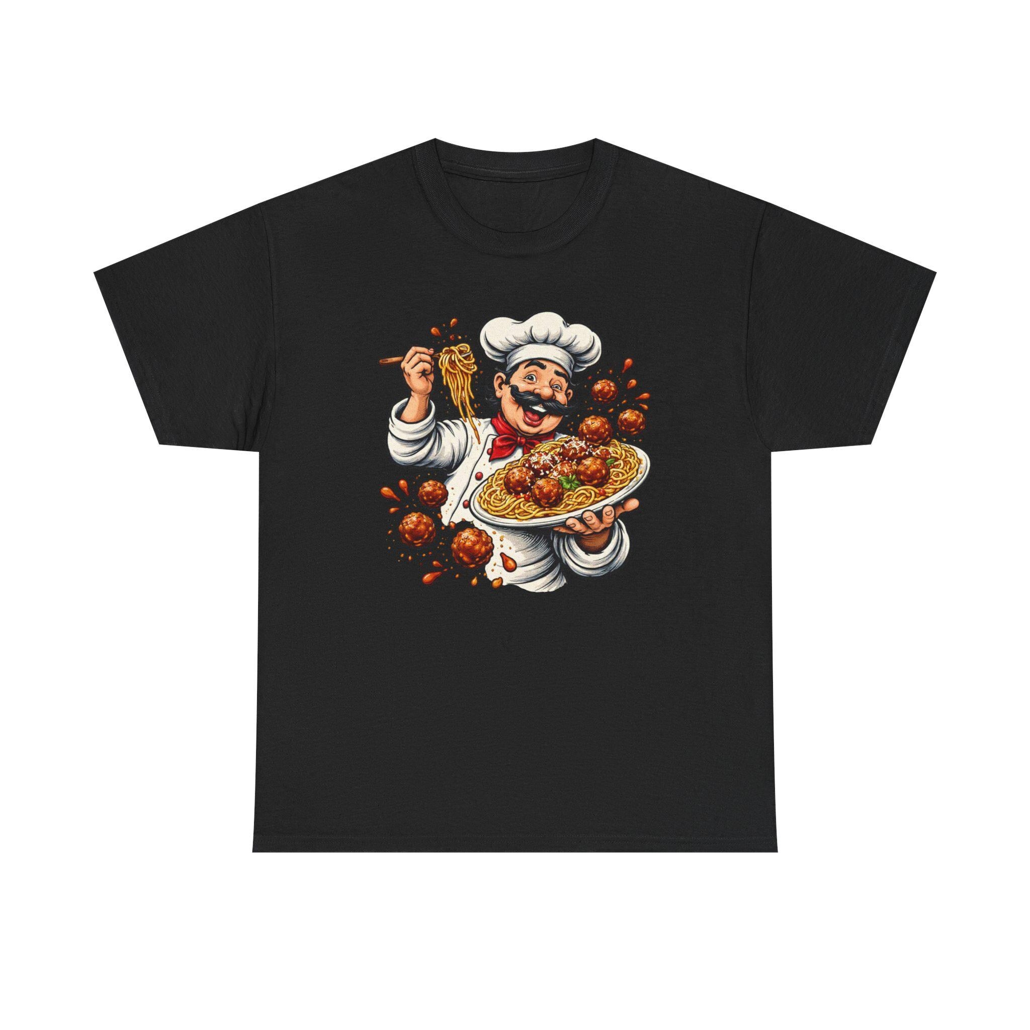 Happy Chef with Spaghetti and Meatballs T-Shirt | Pasta Cook Illustration