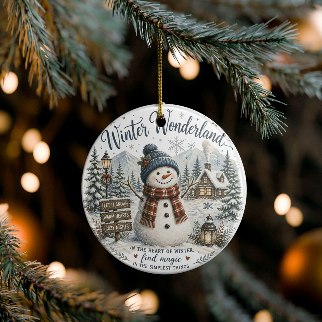 Ceramic Snowman Ornament, Winter Wonderland Scene, Double-Sided Print