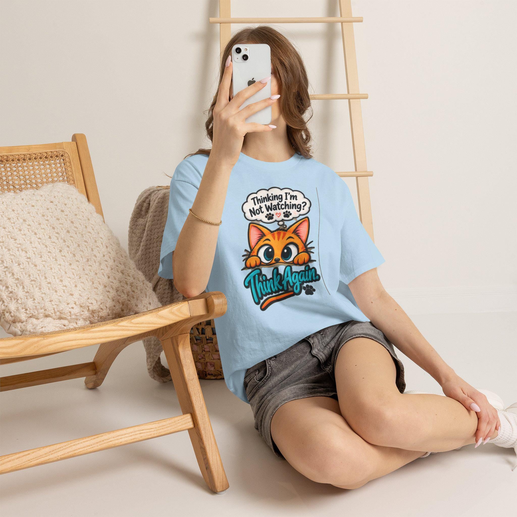 Humorous Cat T-Shirt, Wide-Eyed Cat Peek, Cotton Crew Neck Tee