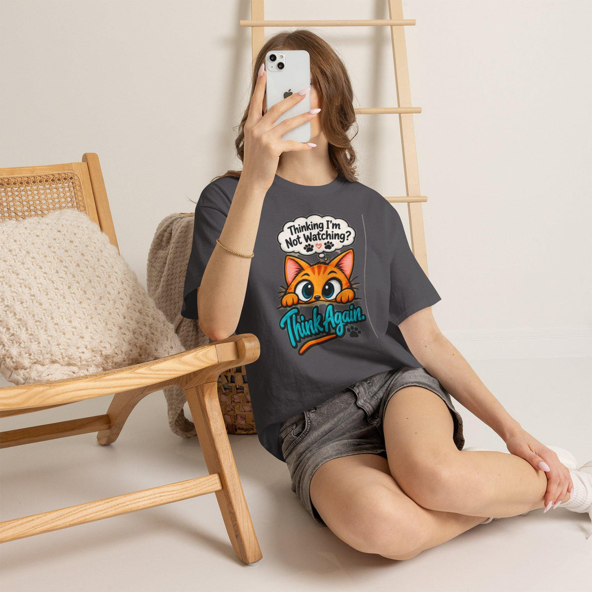 Humorous Cat T-Shirt, Wide-Eyed Cat Peek, Cotton Crew Neck Tee