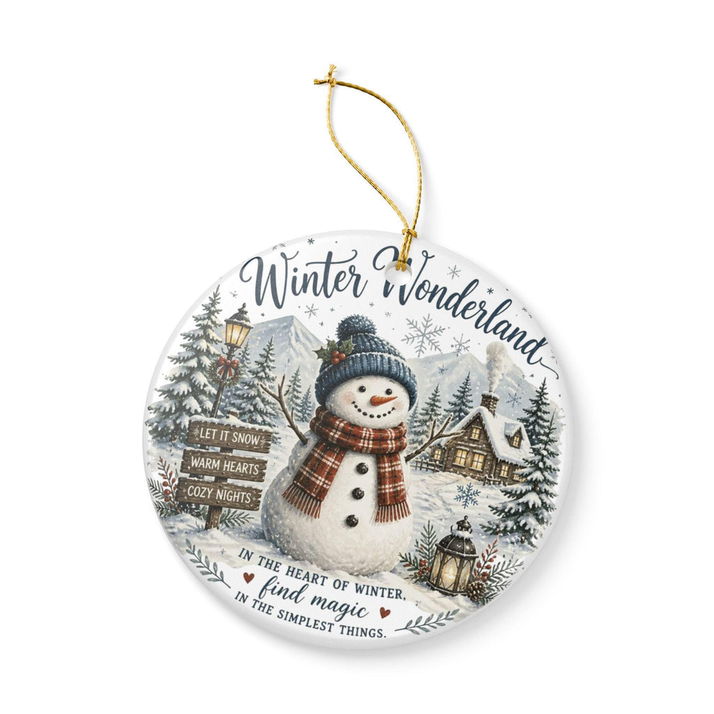 Ceramic Snowman Ornament, Winter Wonderland Scene, Double-Sided Print