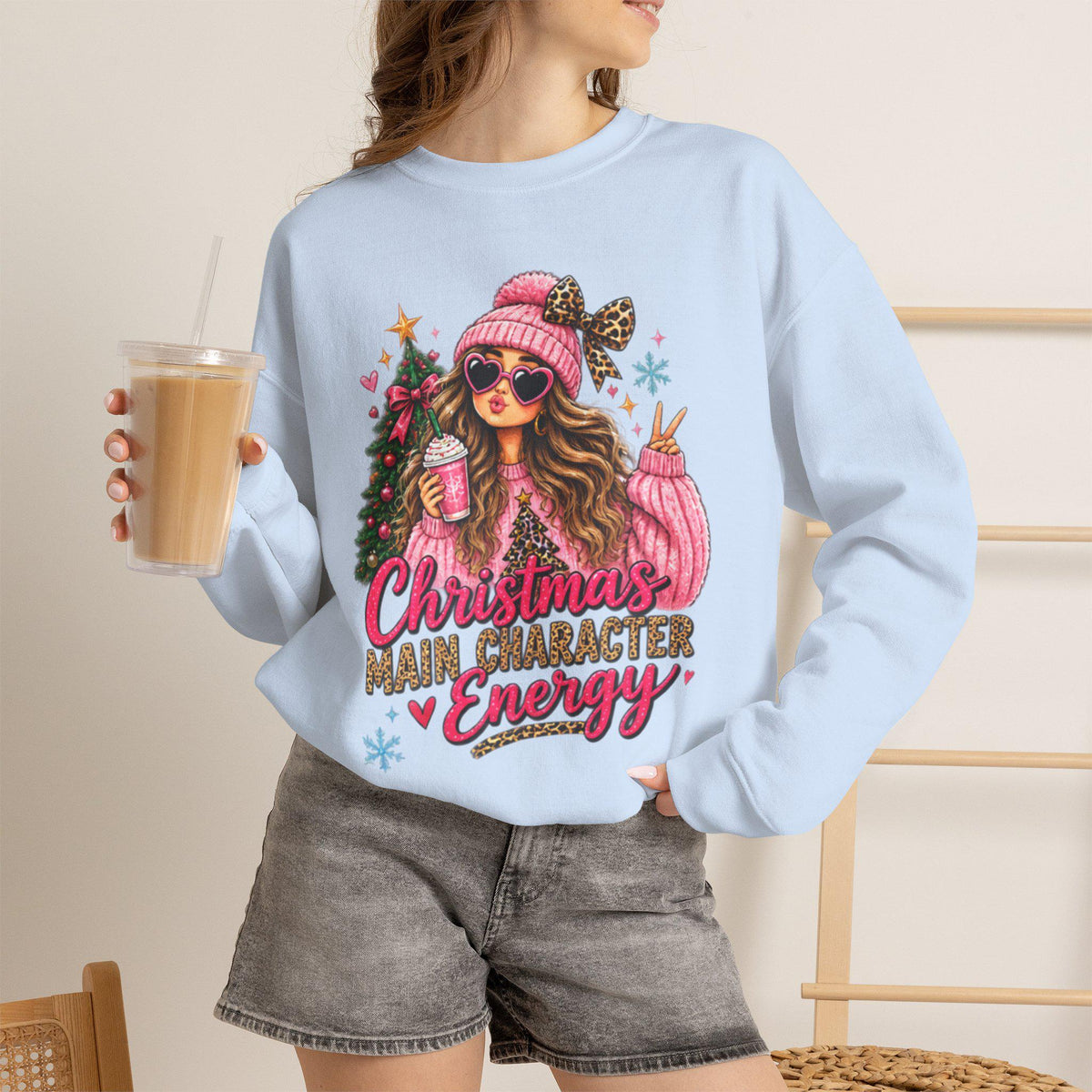 Pink Christmas Tree Sweatshirt, GenZ Christmas Crewneck, Cute Holiday Sweatshirt for Her, Retro Xmas Gift, Trendy Womens Winter Top