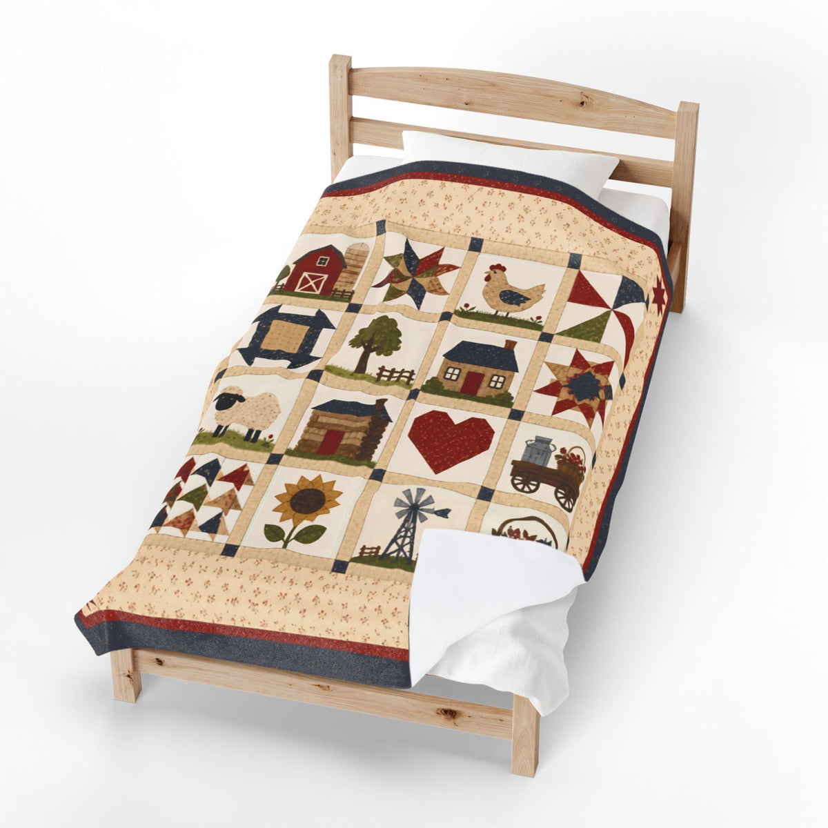 Country Patchwork Velveteen Plush Blanket | Farmhouse Quilt Style Throw