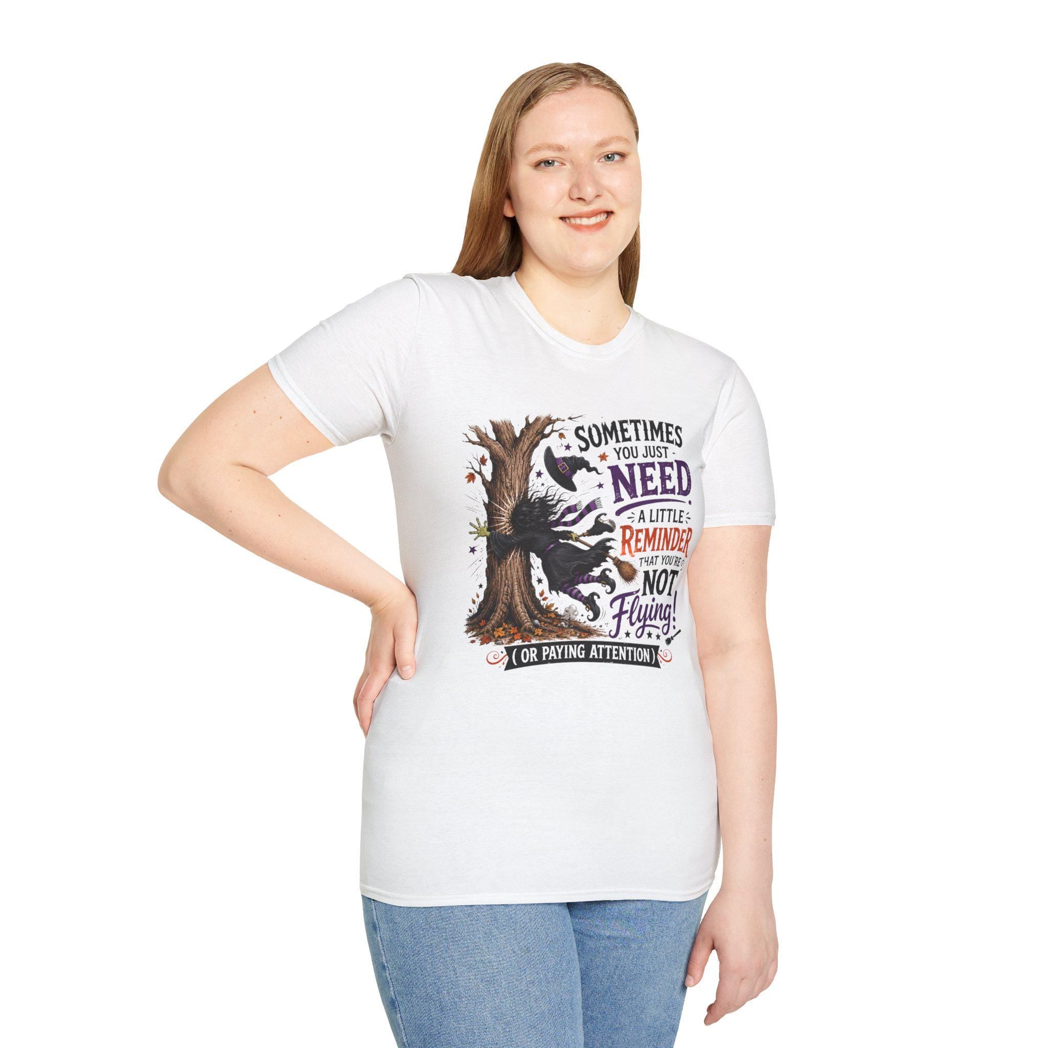 Halloween Witch T-Shirt | Whimsical Witch Hits Tree Graphic Tee