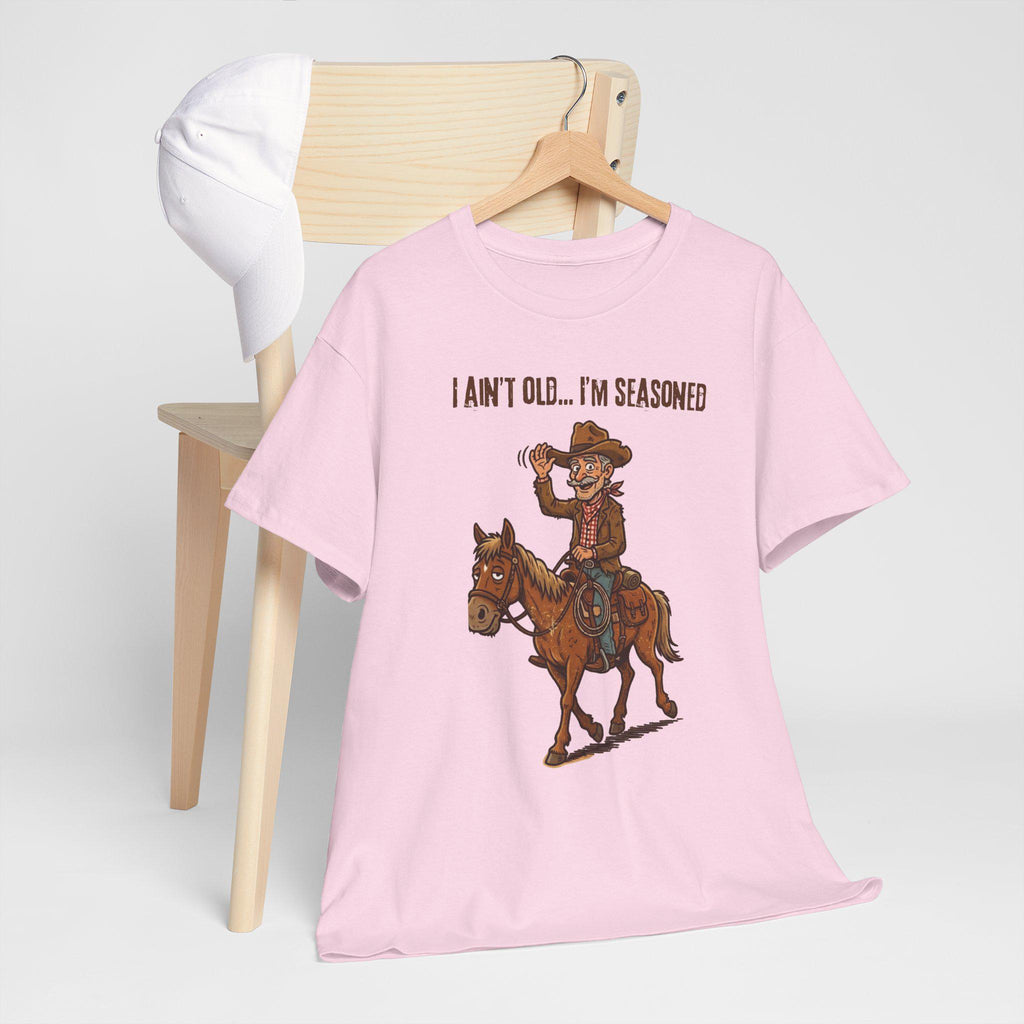 I Ain't Old I'm Seasoned Cowboy on Horse T-Shirt | Western Humor, Rodeo Graphic