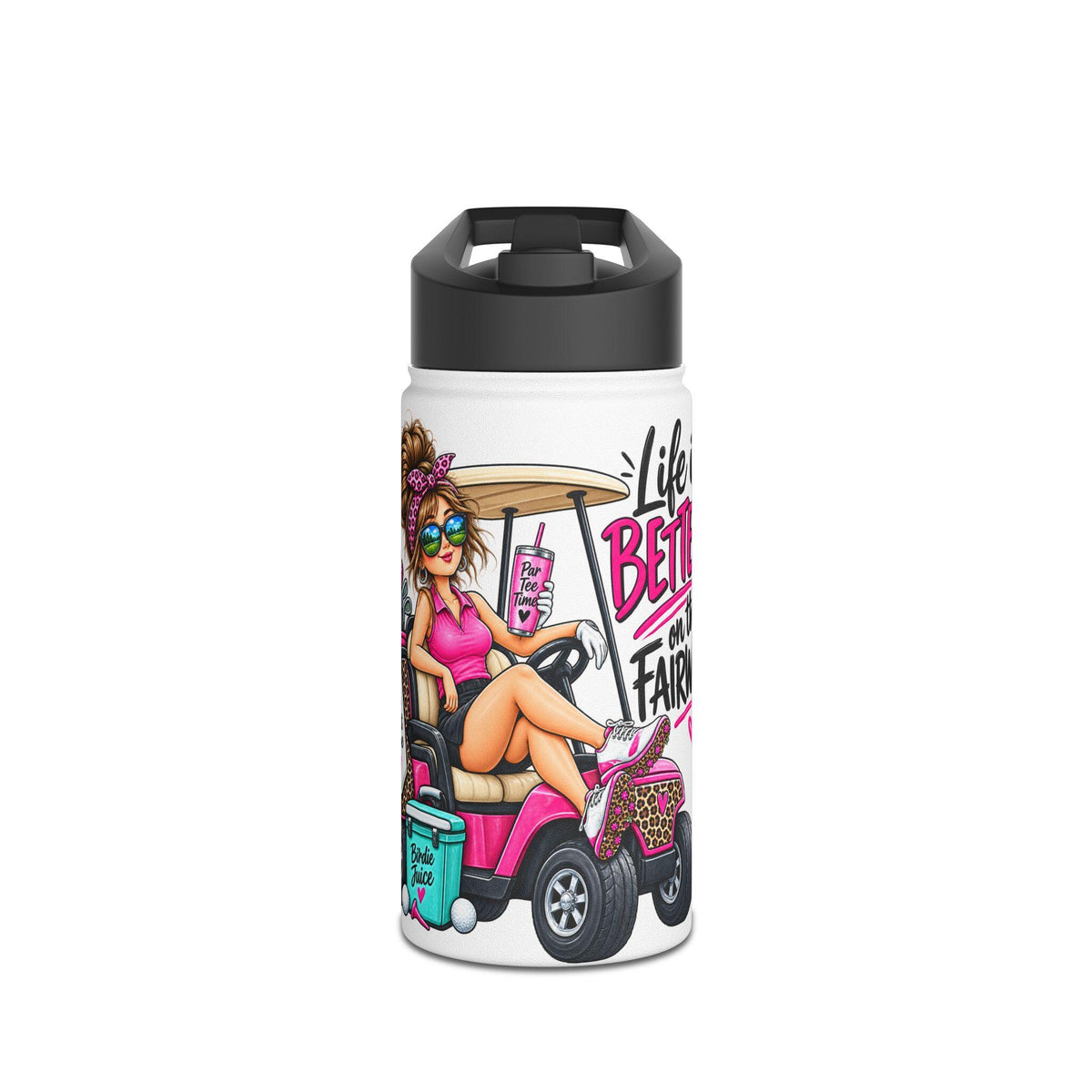 Retro Pink Golf Cart Girl Stainless Steel Water Bottle | Funny Vacation Golf Design