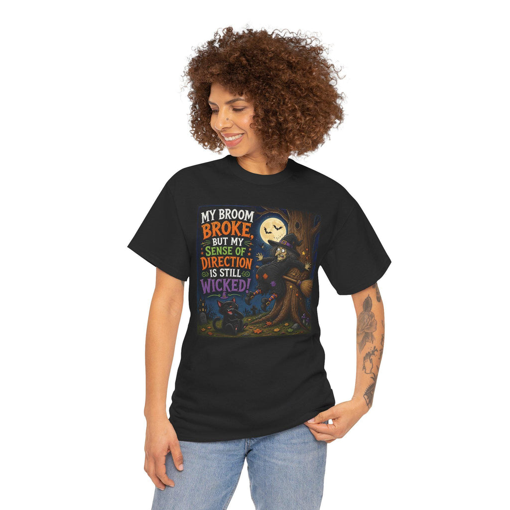 Humorous Witch Broom Broke Halloween Tee | Wicked Sense of Direction