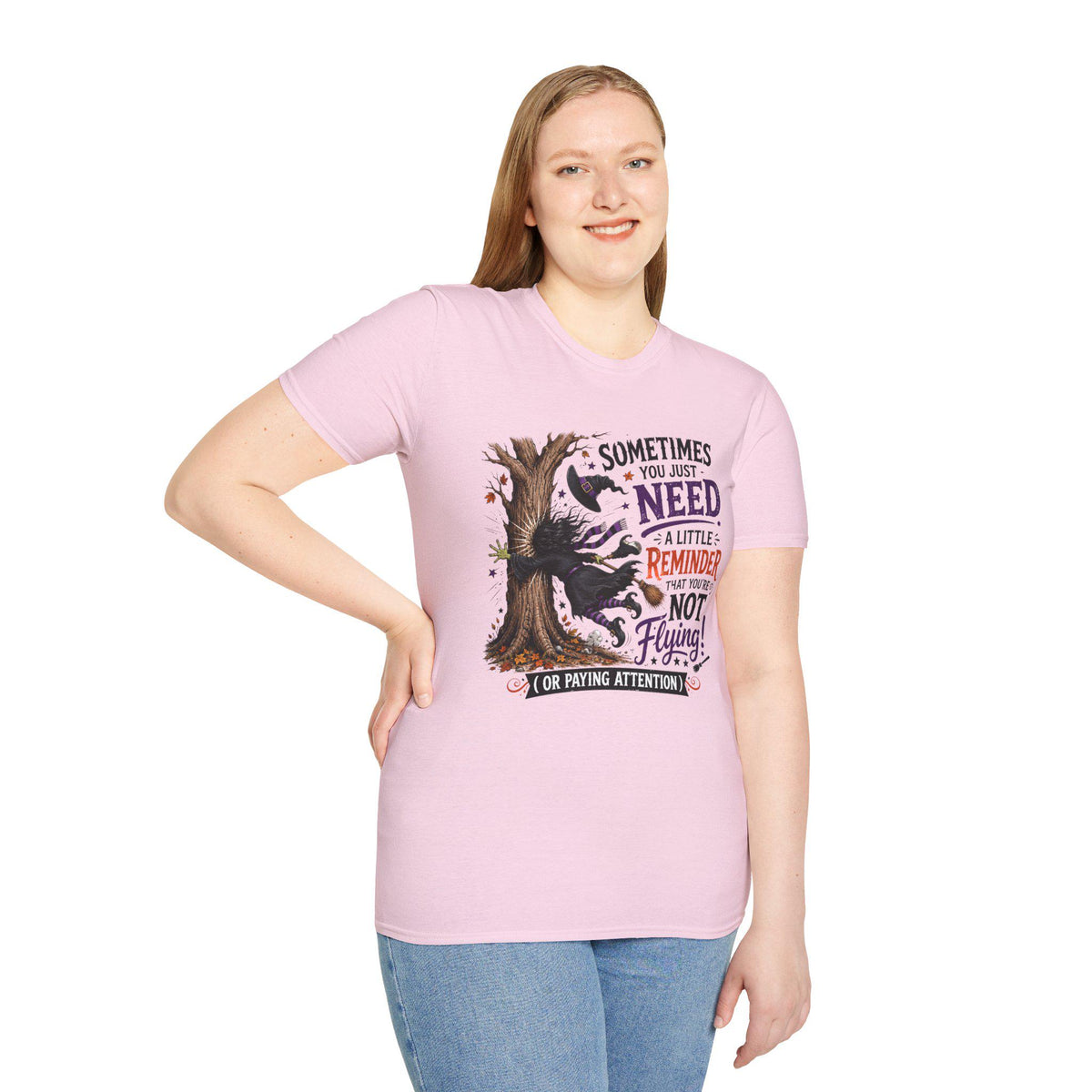 Halloween Witch T-Shirt | Whimsical Witch Hits Tree Graphic Tee