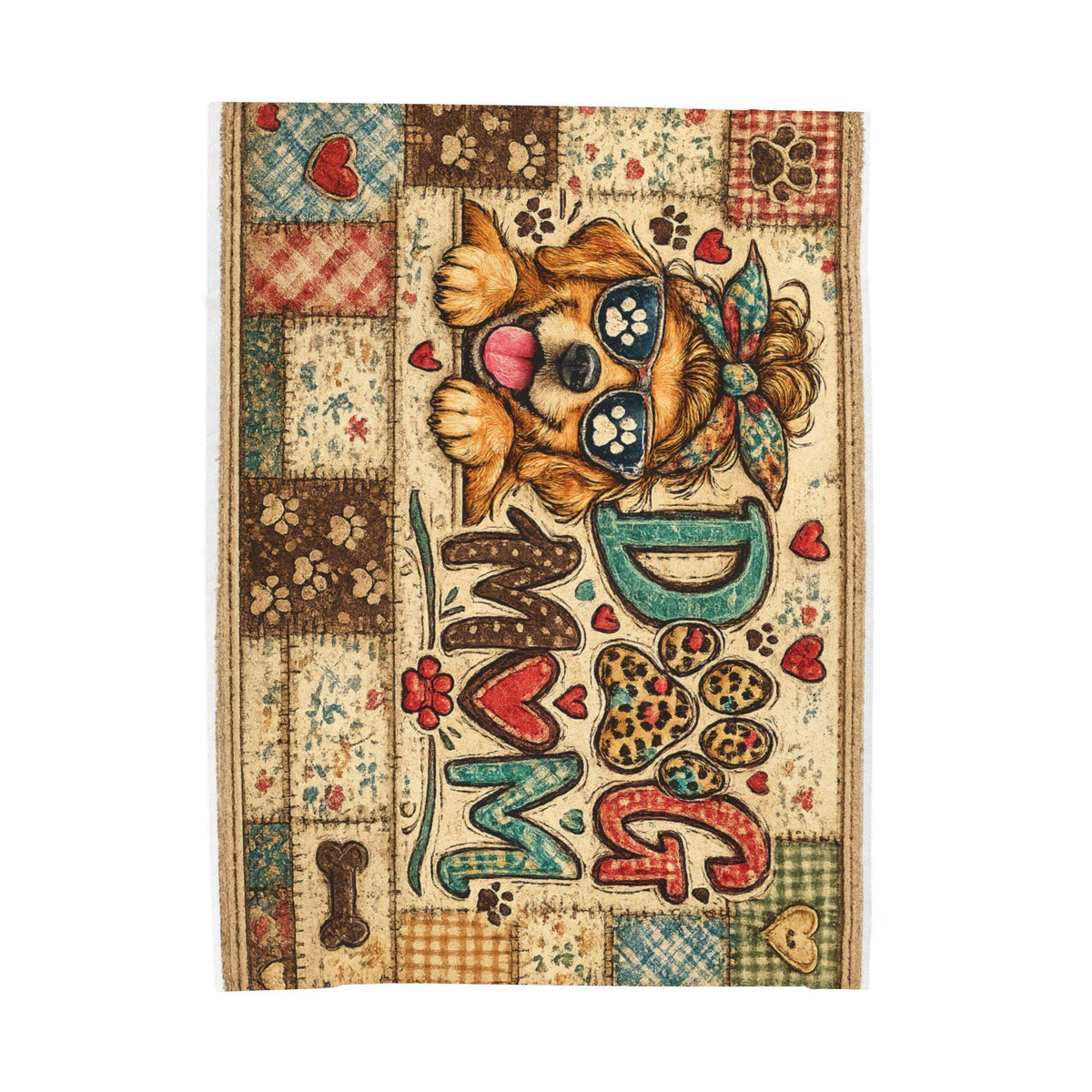 Dog Mom Patchwork Velveteen Blanket | Puppy Paw Heart Throw