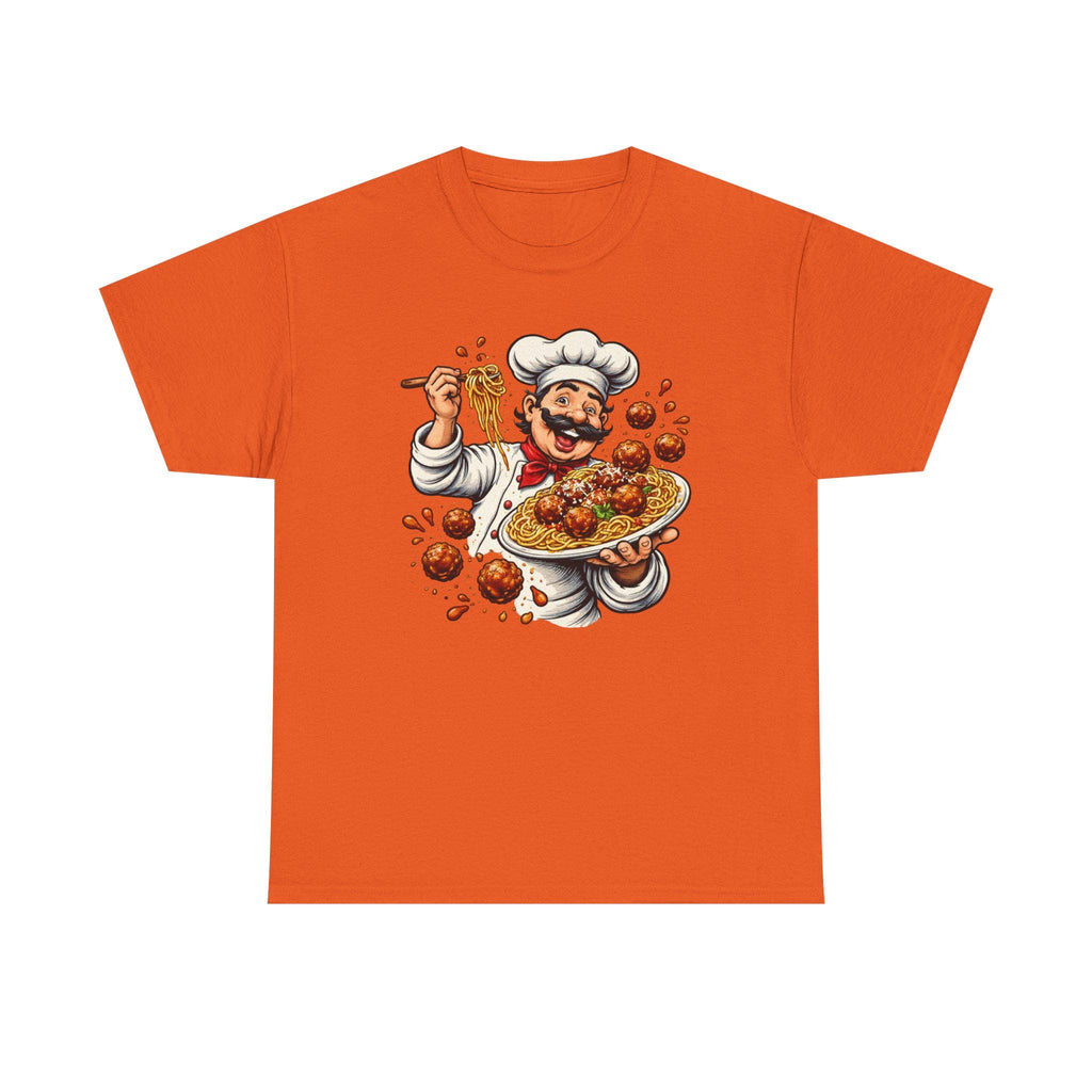 Happy Chef with Spaghetti and Meatballs T-Shirt | Pasta Cook Illustration