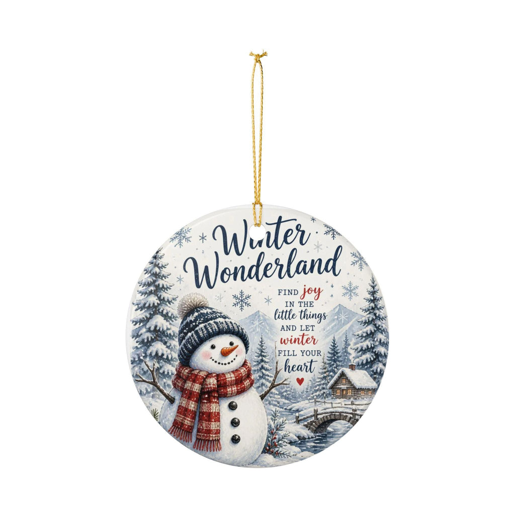 Ceramic Snowman Ornament, Winter Wonderland Scene, Double-Sided Print