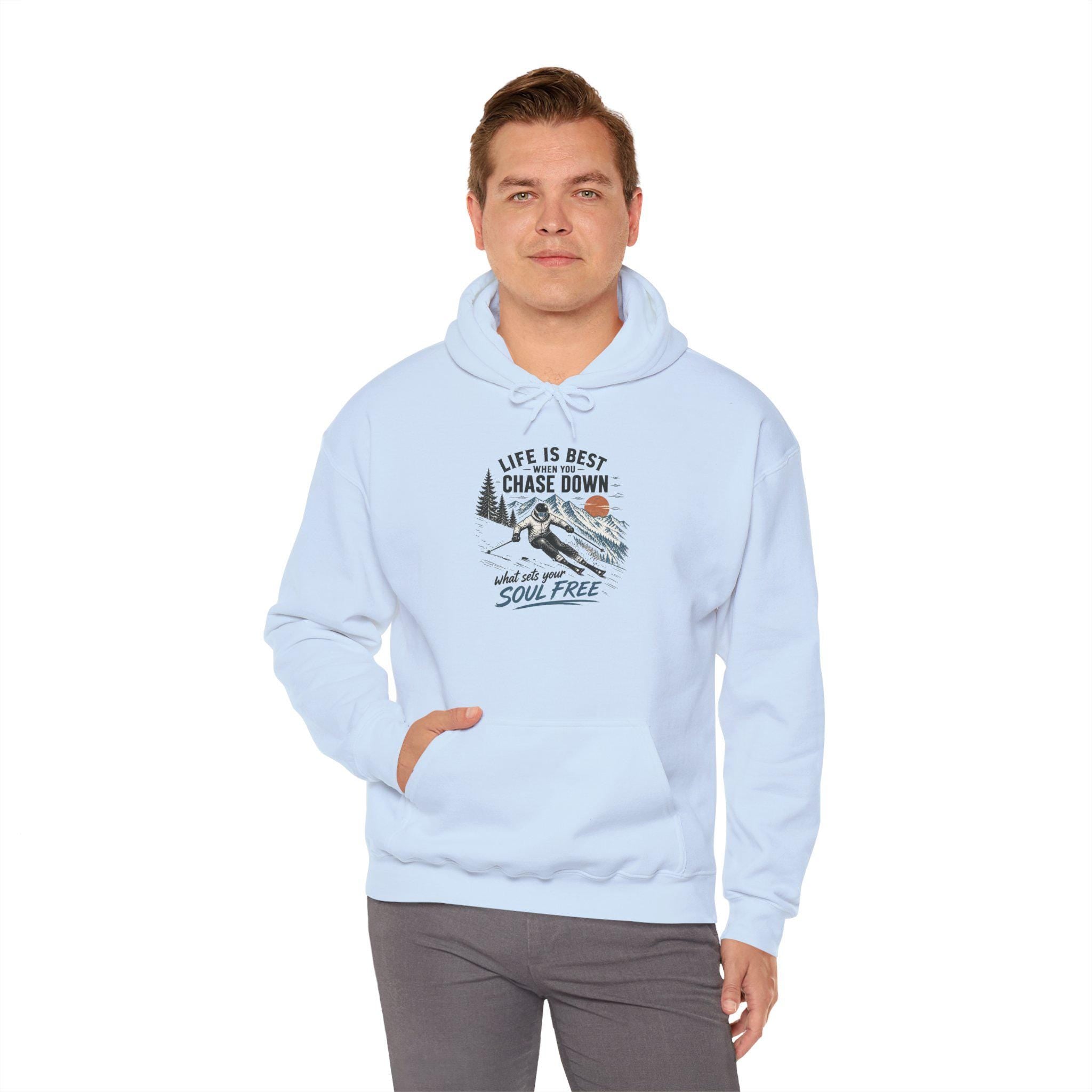 Life Is Chase Down Soul Free Hoodie | Retro Ski Mountain Graphic Sweatshirt
