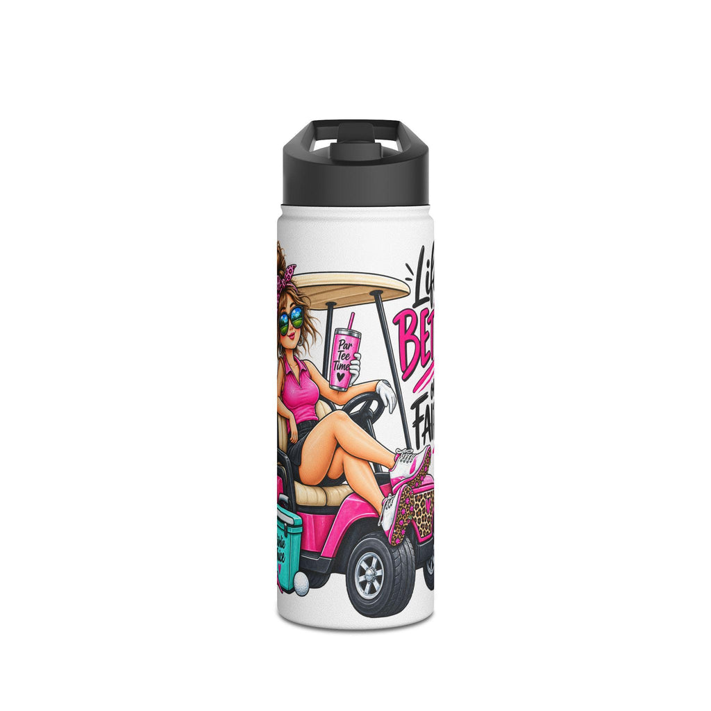 Retro Pink Golf Cart Girl Stainless Steel Water Bottle | Funny Vacation Golf Design