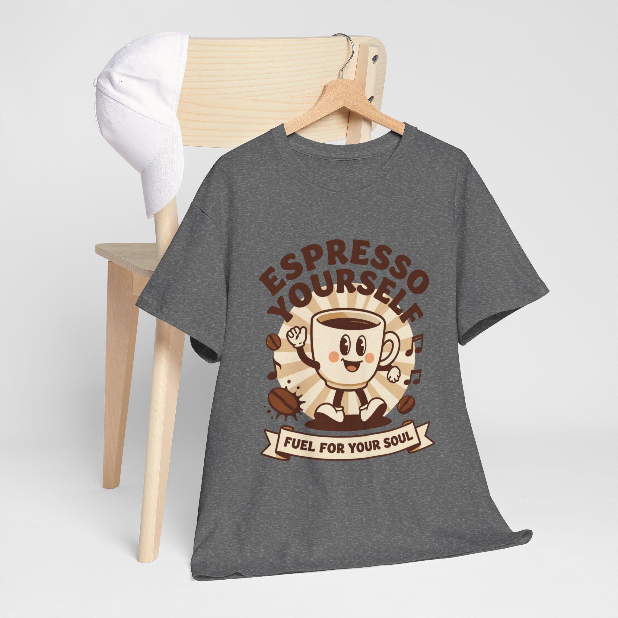 Espresso Yourself mug character T-Shirt | coffee pun tee, fuel for your soul