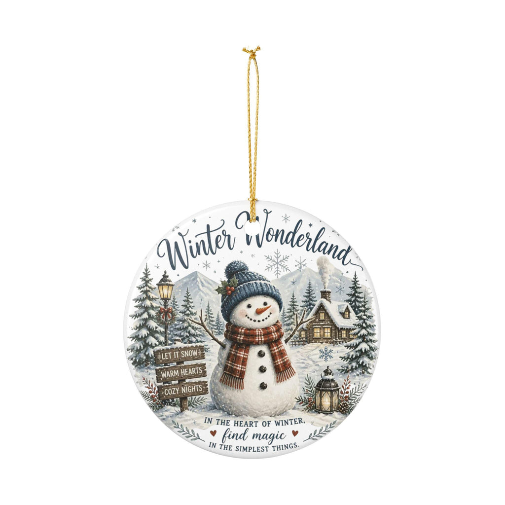 Ceramic Snowman Ornament, Winter Wonderland Scene, Double-Sided Print