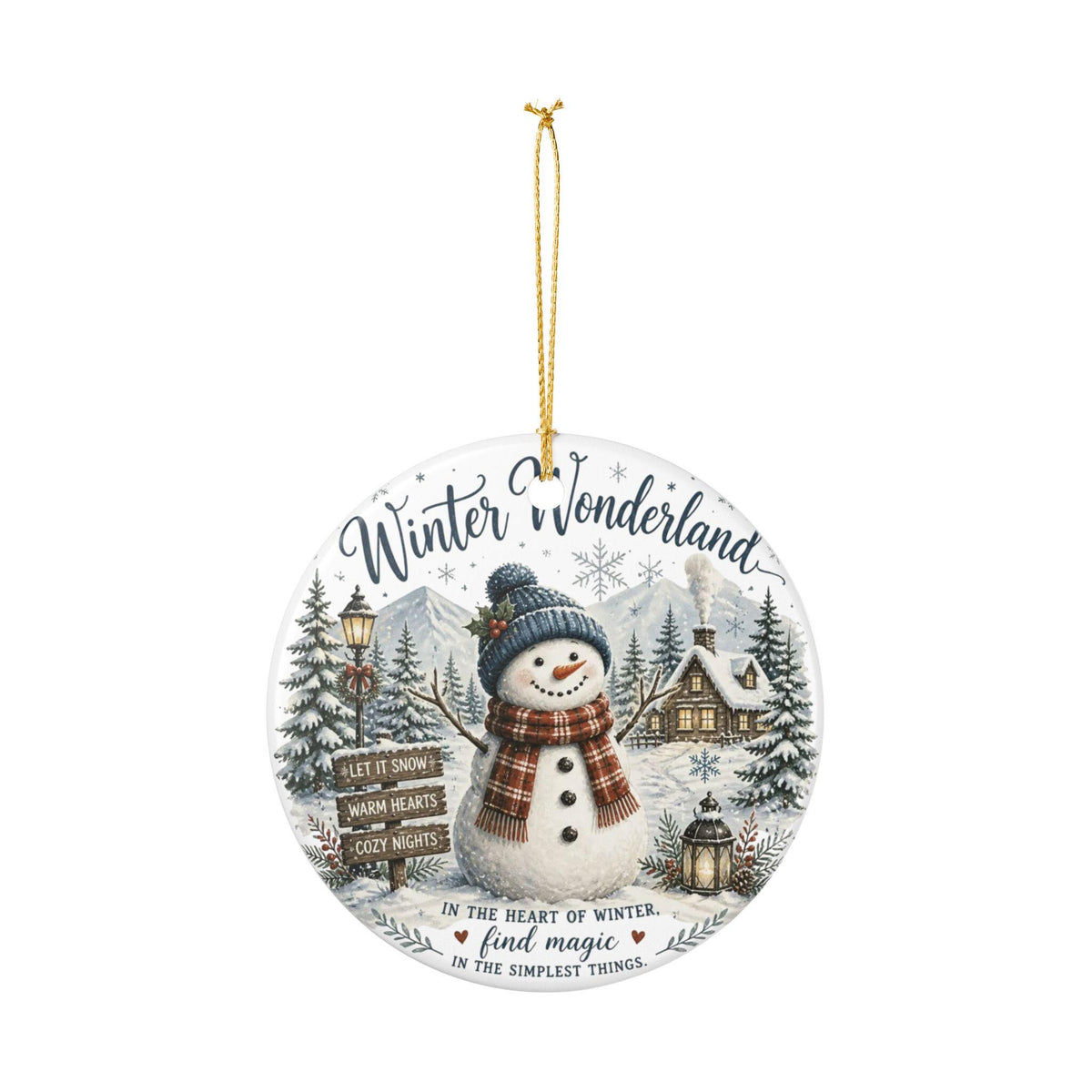 Ceramic Snowman Ornament, Winter Wonderland Scene, Double-Sided Print