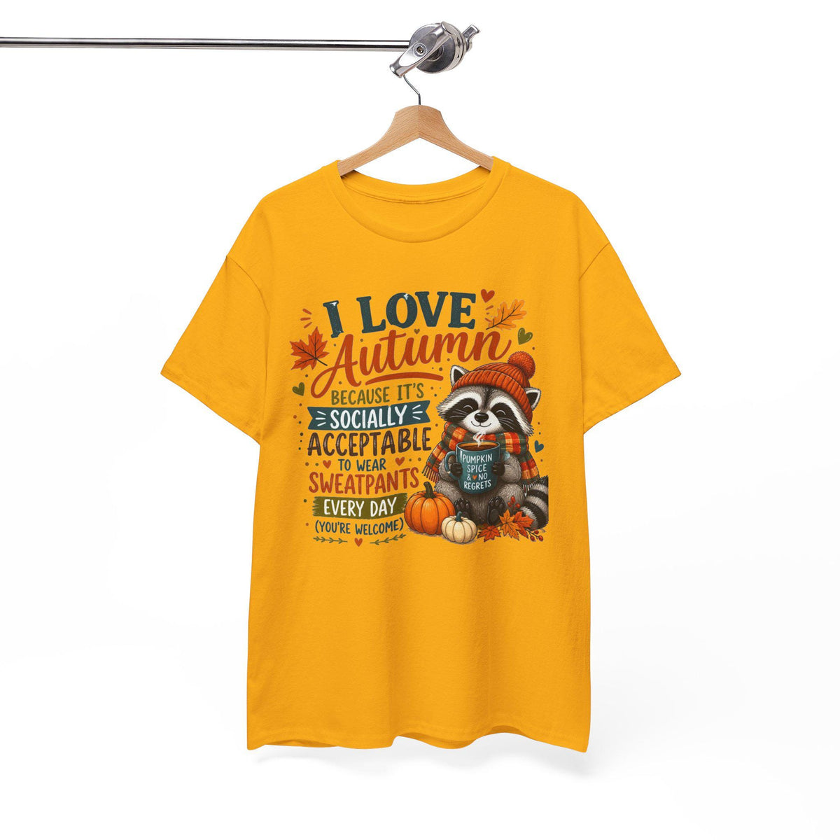 I Love Autumn Raccoon Tee | Fall Leaves, Pumpkin, Humorous autumn saying