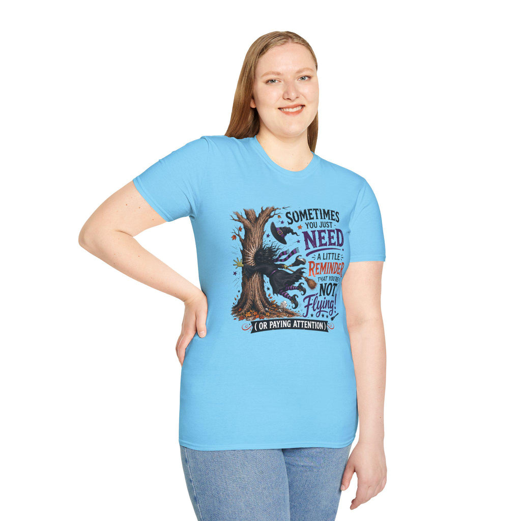 Halloween Witch T-Shirt | Whimsical Witch Hits Tree Graphic Tee