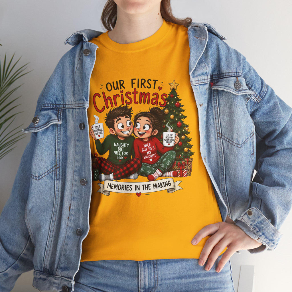 Our First Christmas couple illustration Tee | Christmas tree, cozy holiday scene