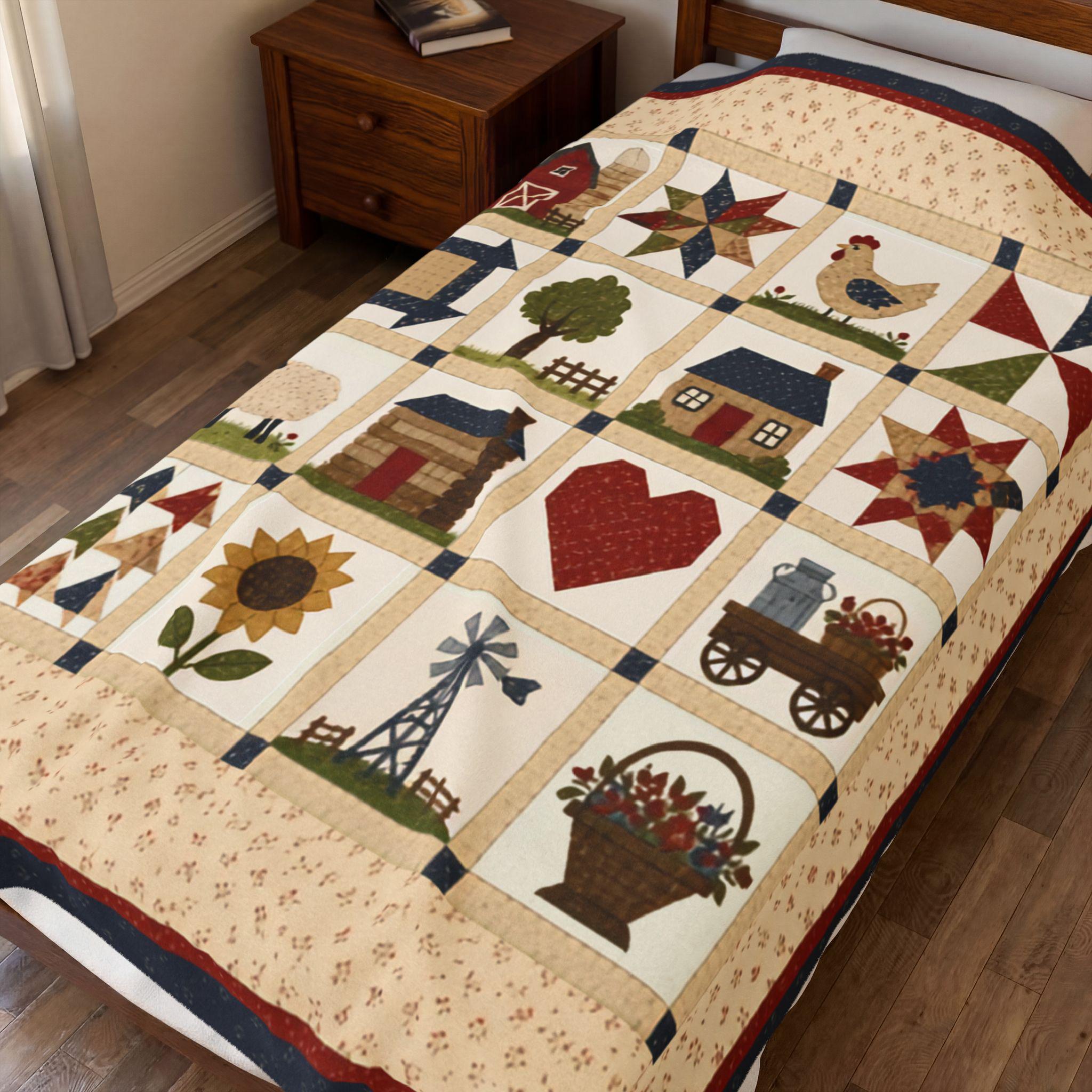 Country Patchwork Velveteen Plush Blanket | Farmhouse Quilt Style Throw