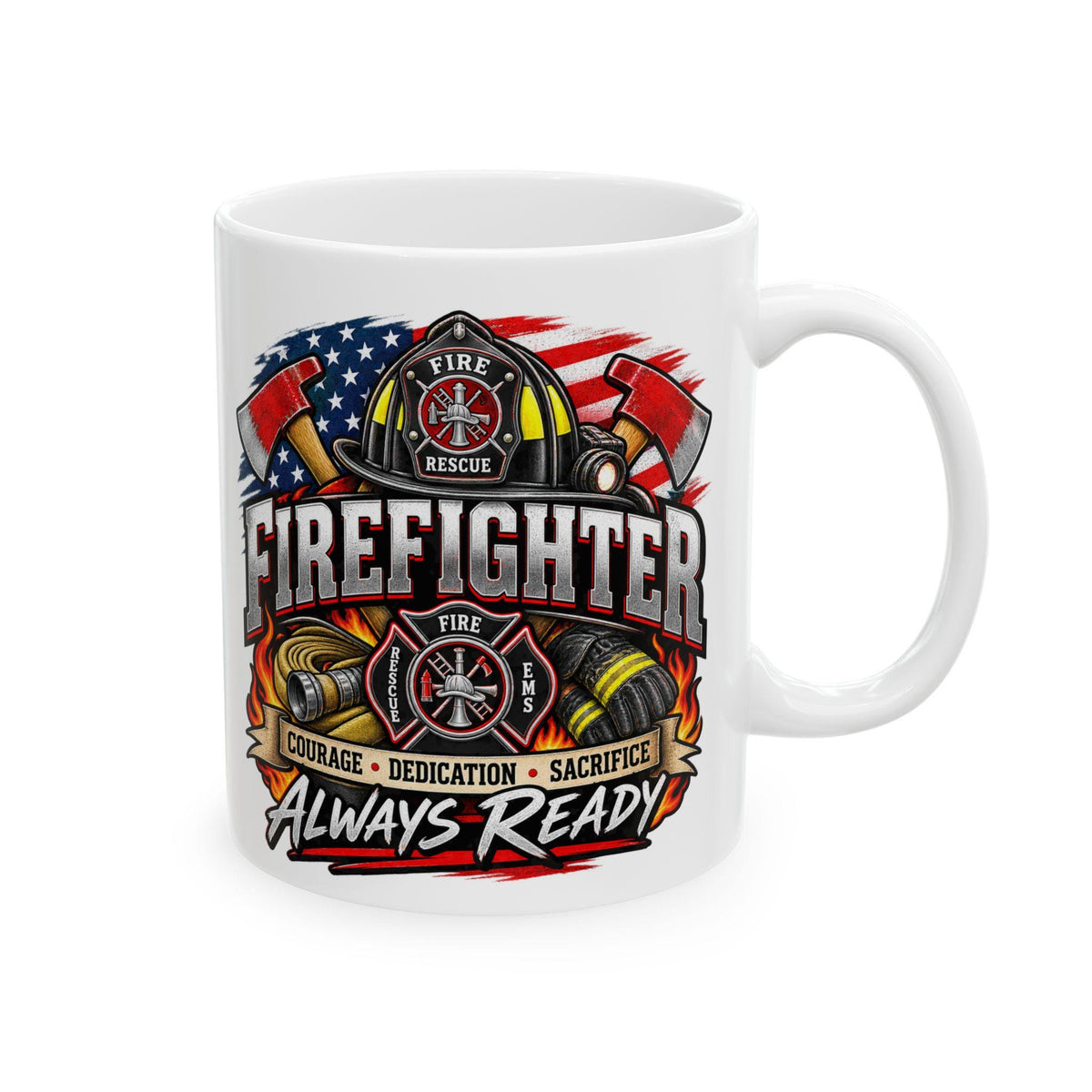 Firefighter Helmet Axes Mug | Courage Dedication Sacrifice Coffee Cup
