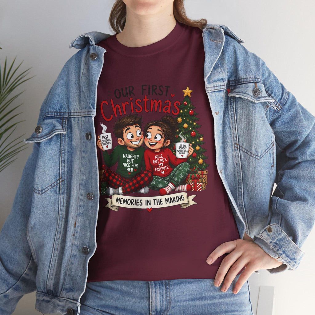 Our First Christmas couple illustration Tee | Christmas tree, cozy holiday scene