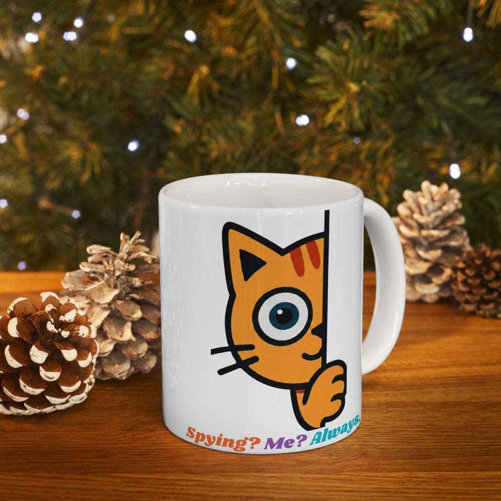 Cat Ceramic Mug, Playful Fox Peek Design, 11oz Coffee Cup