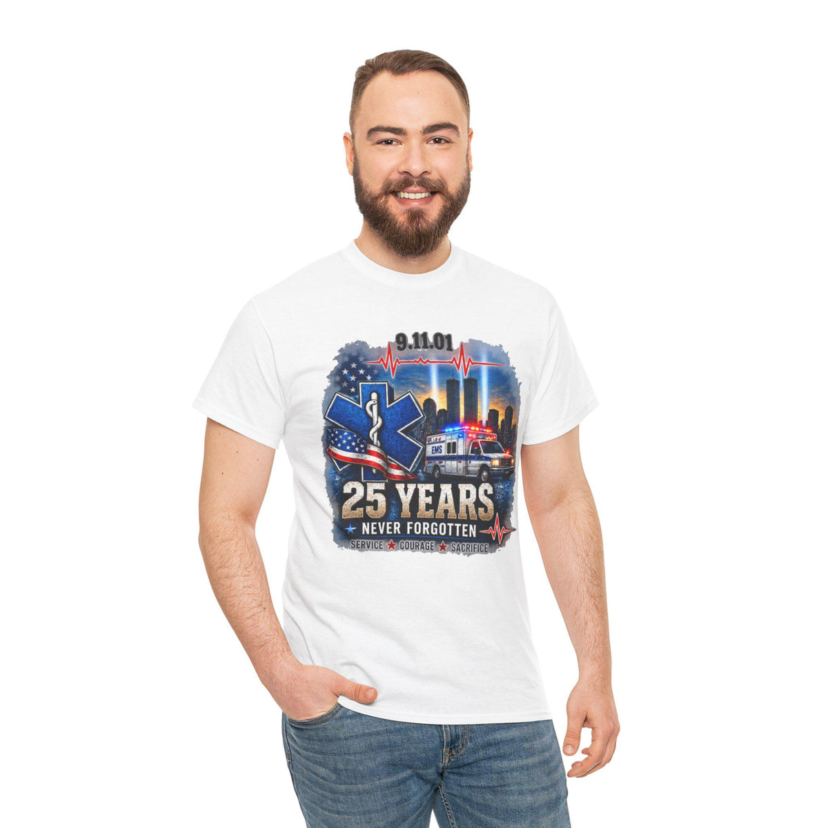 9-11 25 Years Never Forgotten Tee | EMS 9 11 Tribute | 9 11 First Responder Memorial