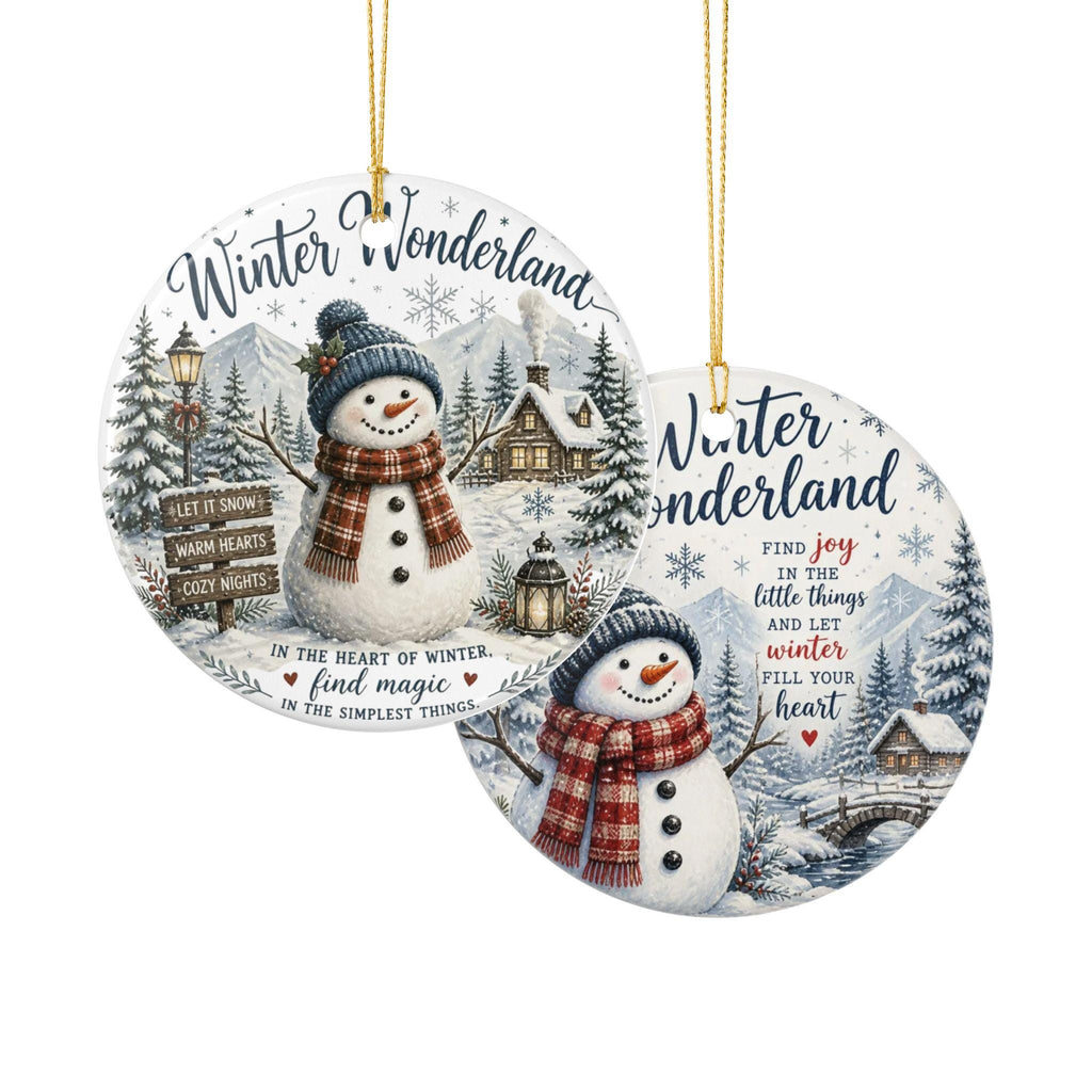 Ceramic Snowman Ornament, Winter Wonderland Scene, Double-Sided Print