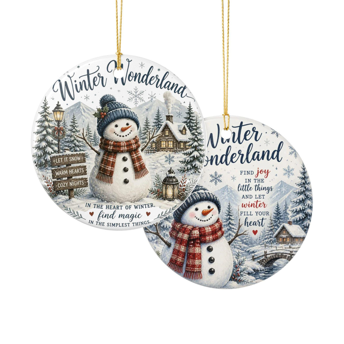 Ceramic Snowman Ornament, Winter Wonderland Scene, Double-Sided Print