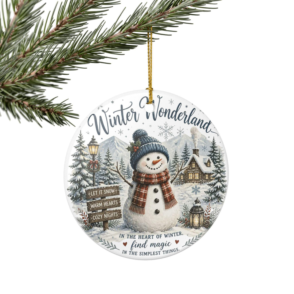 Ceramic Snowman Ornament, Winter Wonderland Scene, Double-Sided Print
