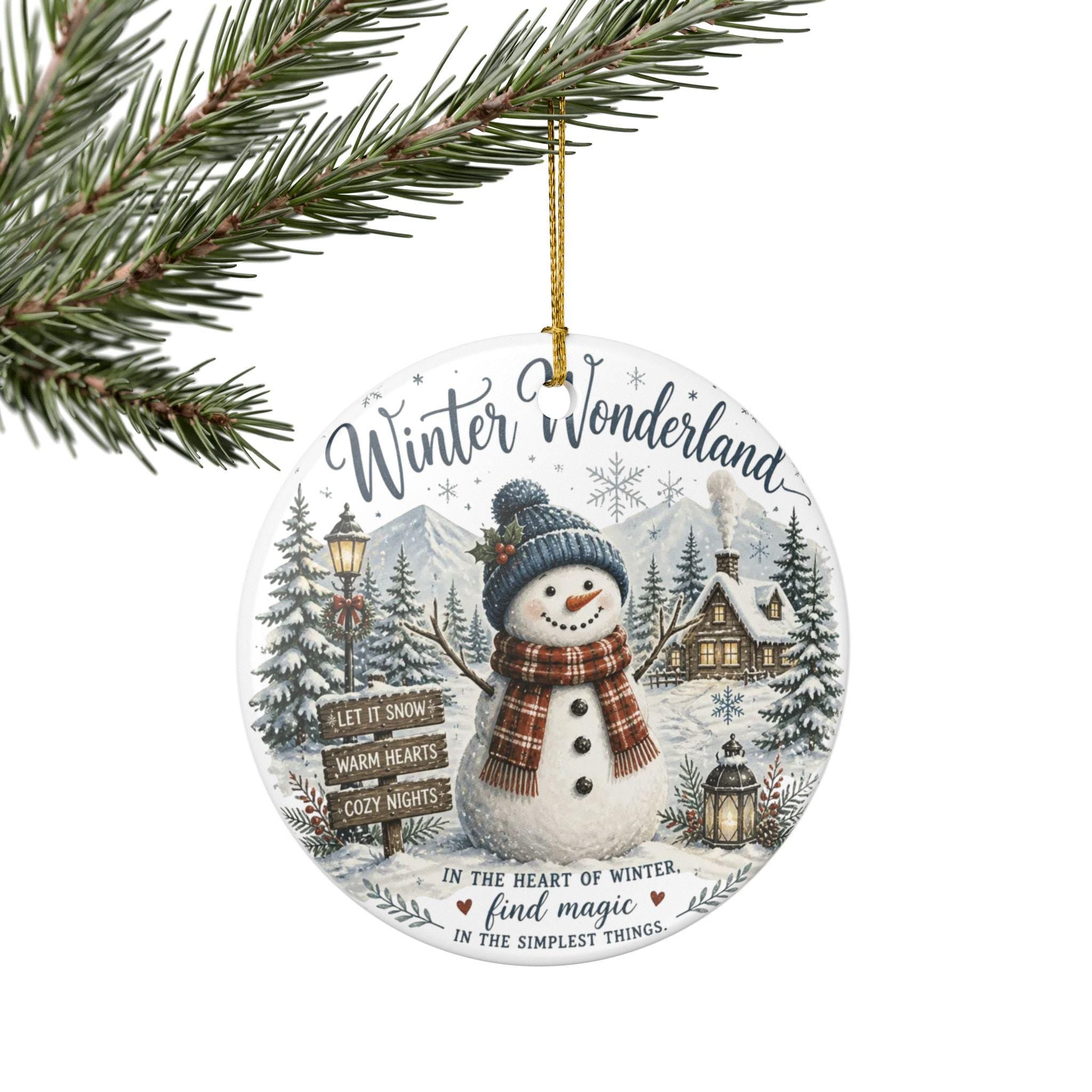 Ceramic Snowman Ornament, Winter Wonderland Scene, Double-Sided Print