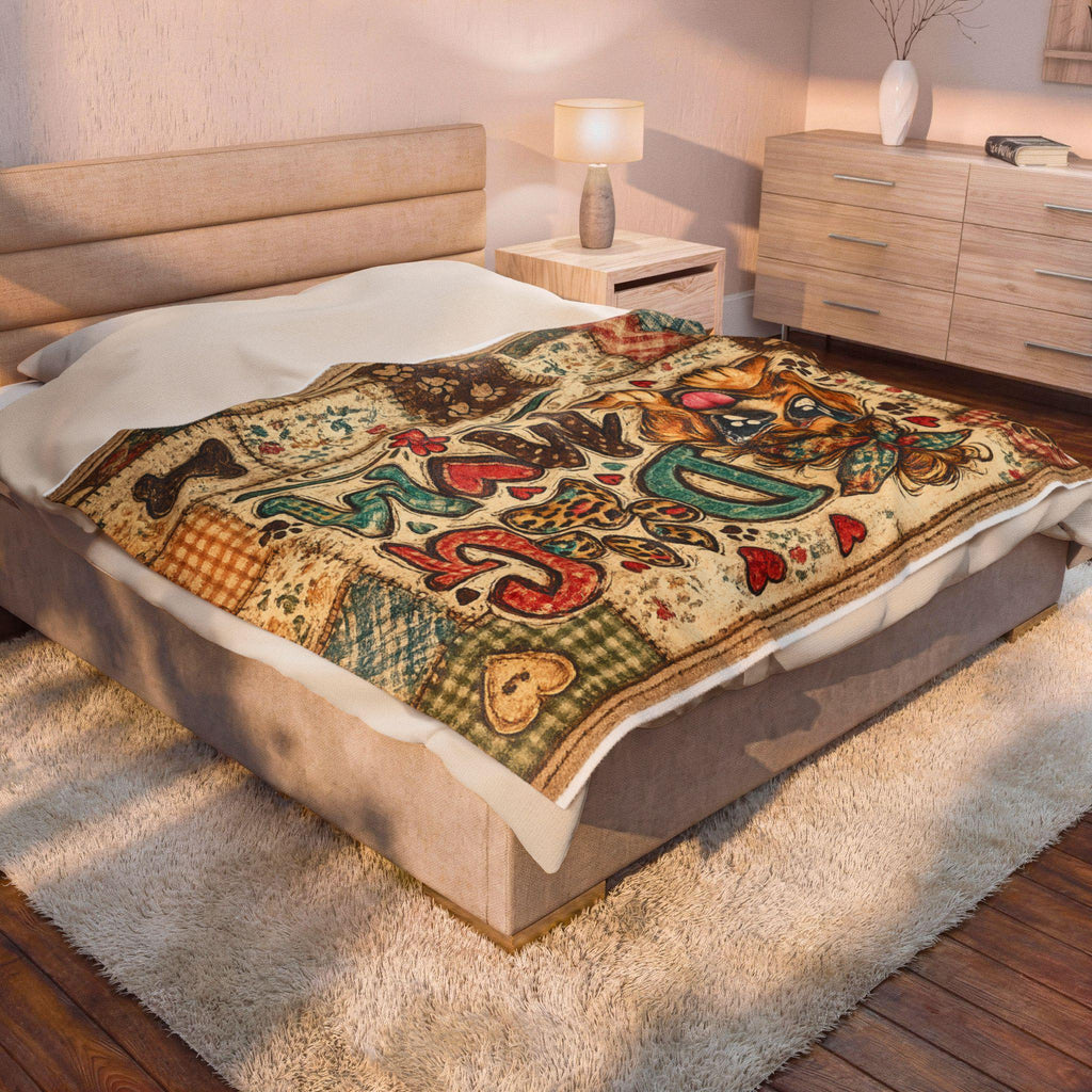 Dog Mom Patchwork Velveteen Blanket | Puppy Paw Heart Throw