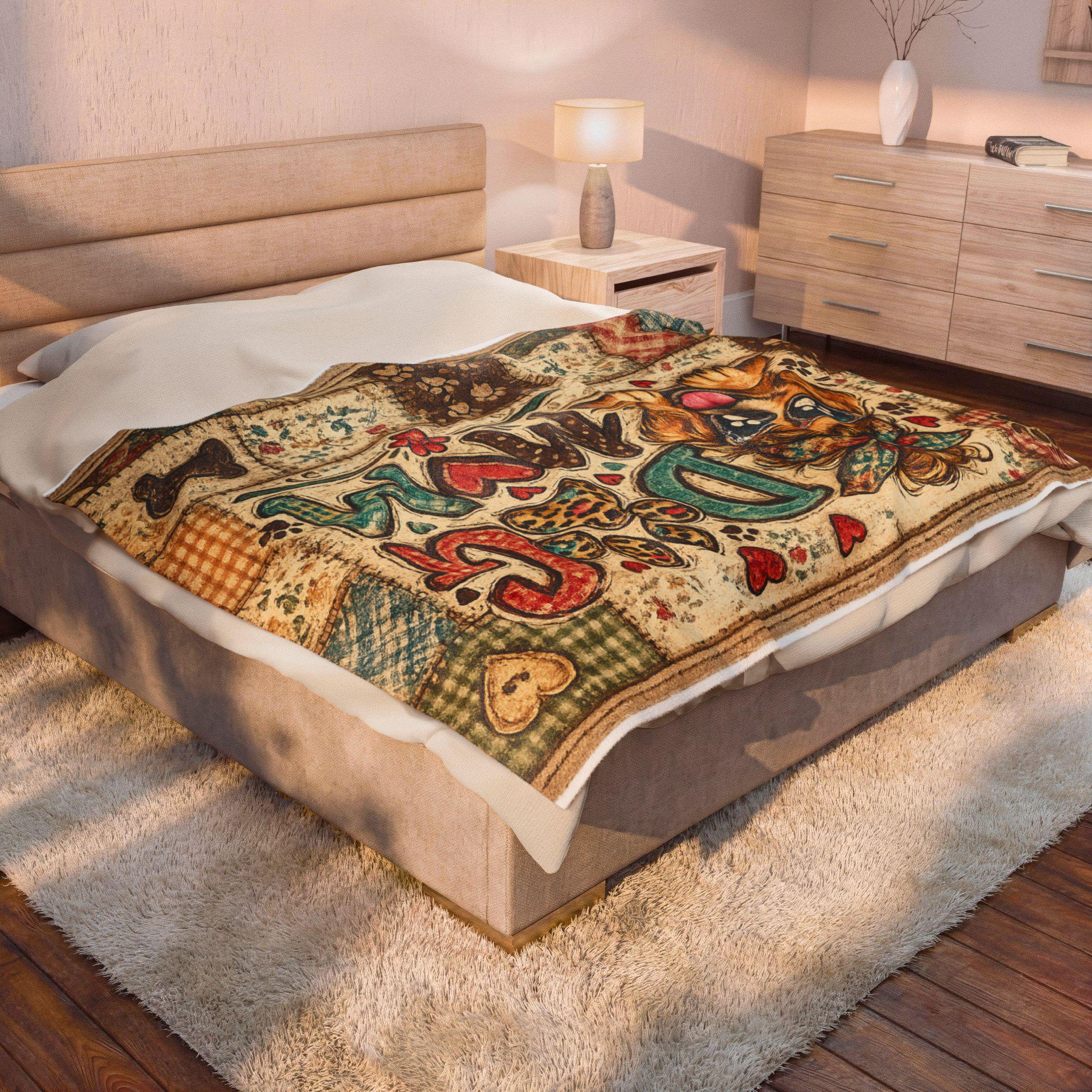 Dog Mom Patchwork Velveteen Blanket | Puppy Paw Heart Throw