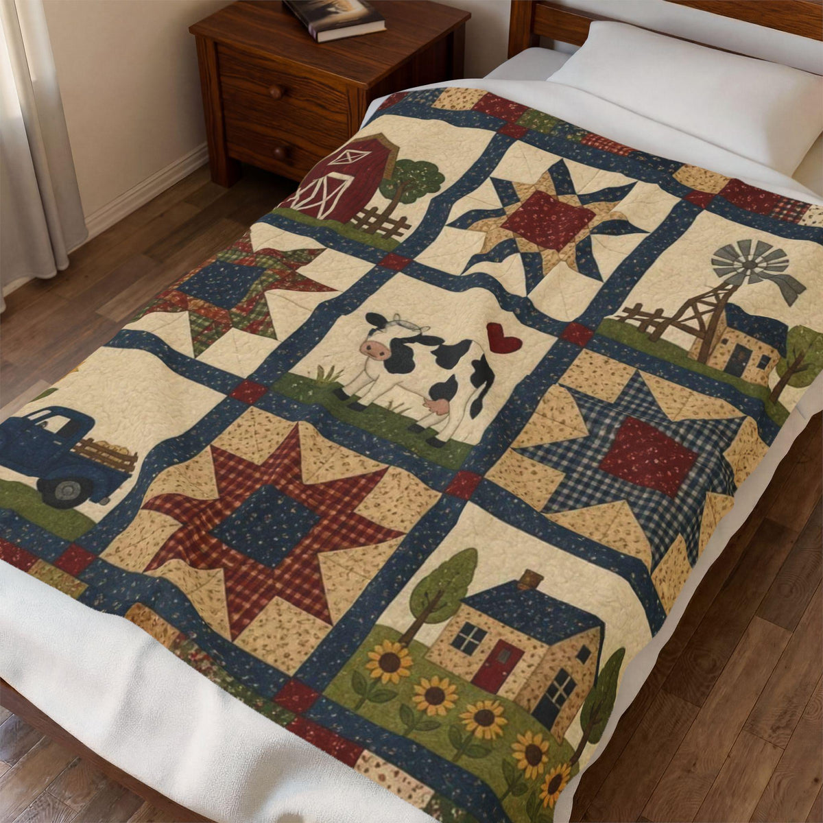 Farmhouse Patchwork Plush Blanket | Country Style, Cozy Comfort (Faux Patchwork)