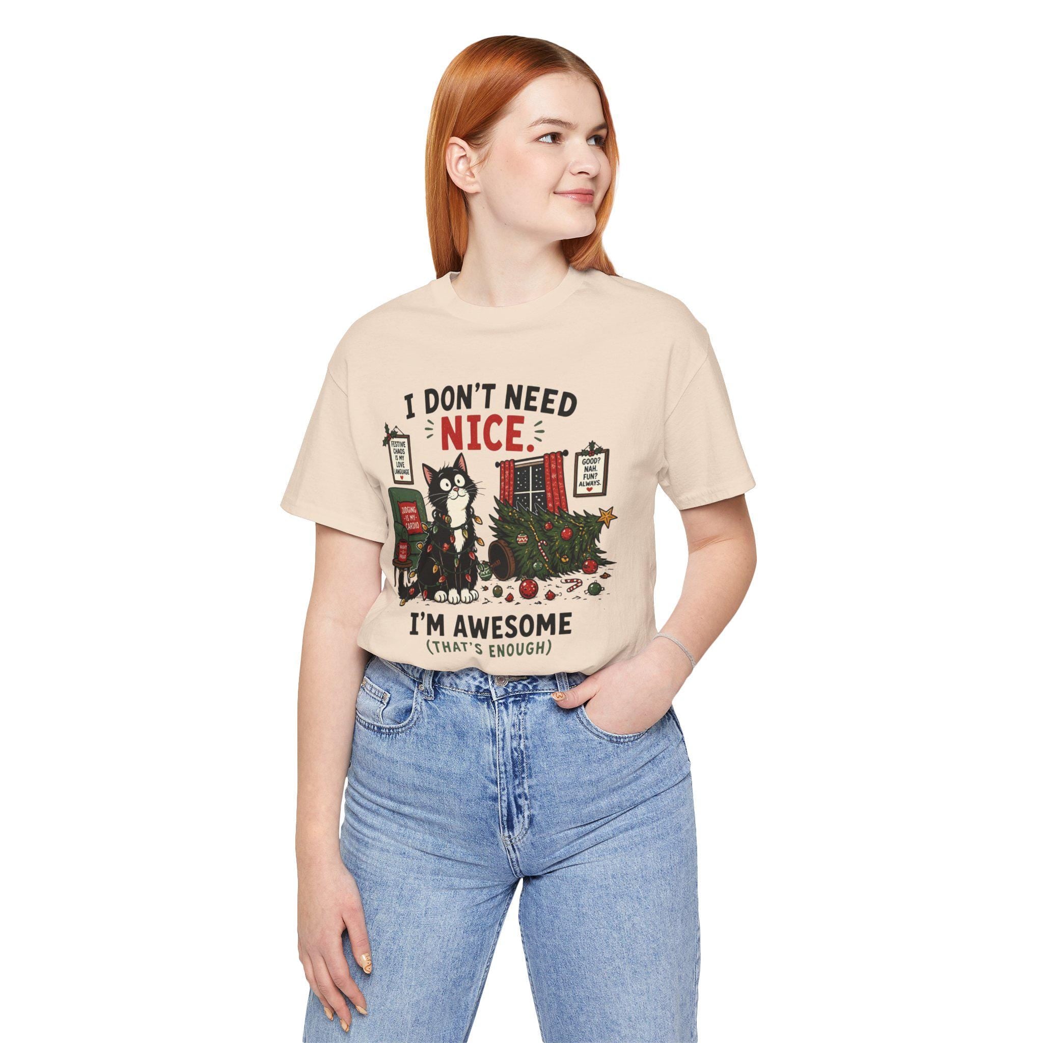 Humorous Christmas Cat T-Shirt | "I Don't Need Nice" Holiday Tee