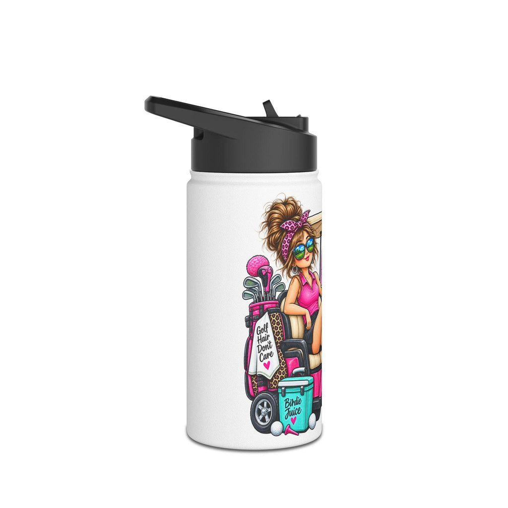 Retro Pink Golf Cart Girl Stainless Steel Water Bottle | Funny Vacation Golf Design