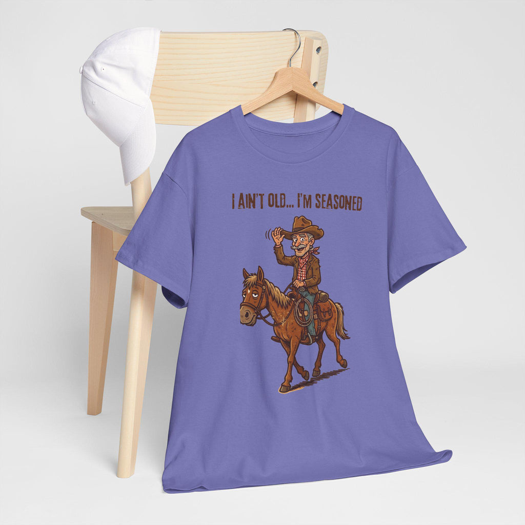 I Ain't Old I'm Seasoned Cowboy on Horse T-Shirt | Western Humor, Rodeo Graphic