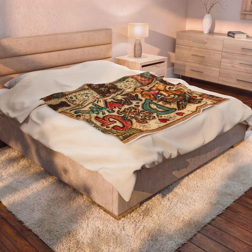 Dog Mom Patchwork Velveteen Blanket | Puppy Paw Heart Throw