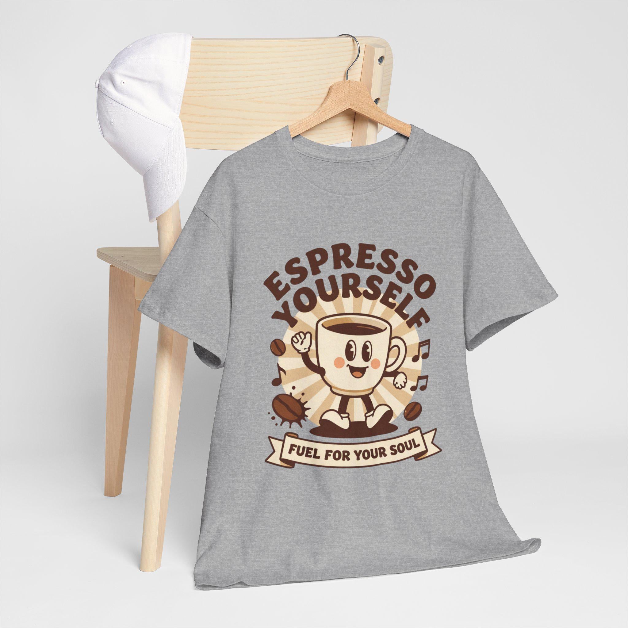 Espresso Yourself mug character T-Shirt | coffee pun tee, fuel for your soul