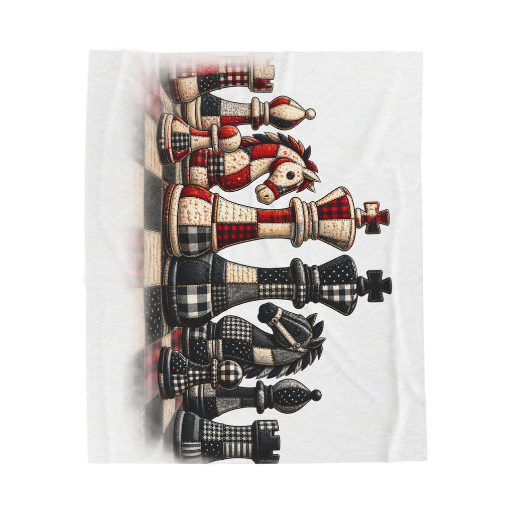 Chess Piece Plush Blanket | Black Red King Queen Pawns, Faux patchwork chess board throw