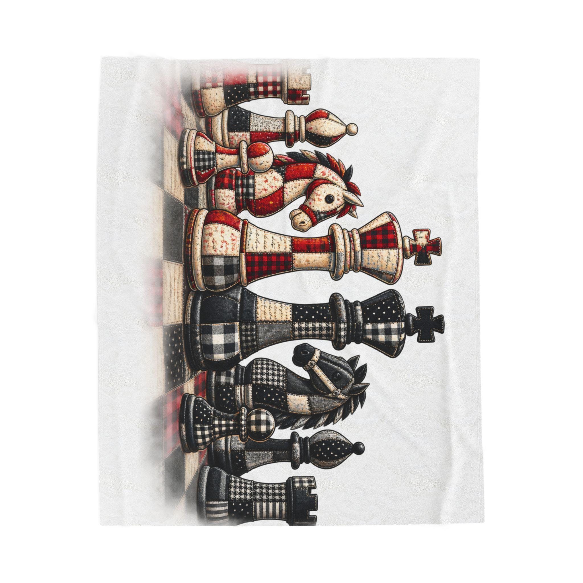 Chess Piece Plush Blanket | Black Red King Queen Pawns, Faux patchwork chess board throw