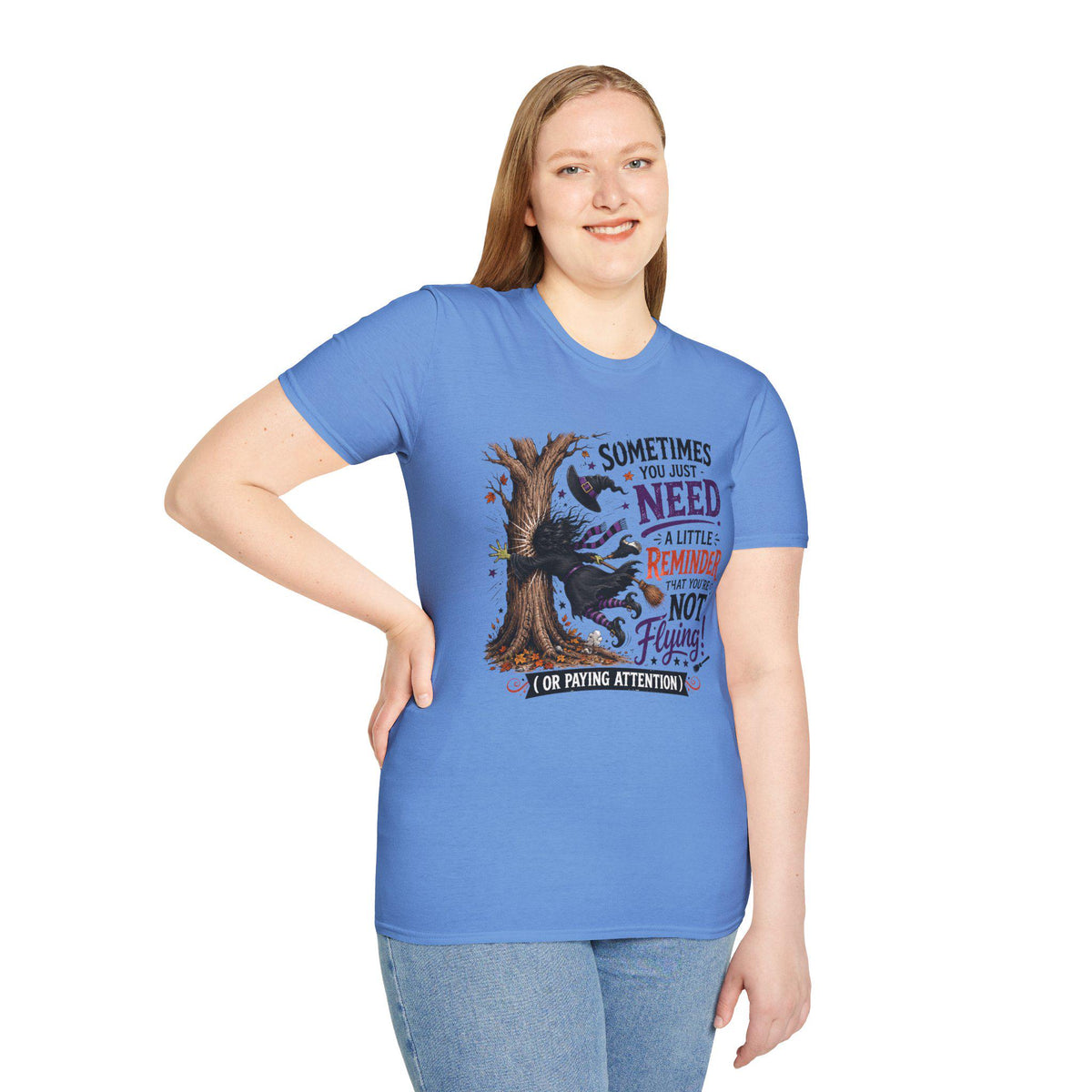 Halloween Witch T-Shirt | Whimsical Witch Hits Tree Graphic Tee